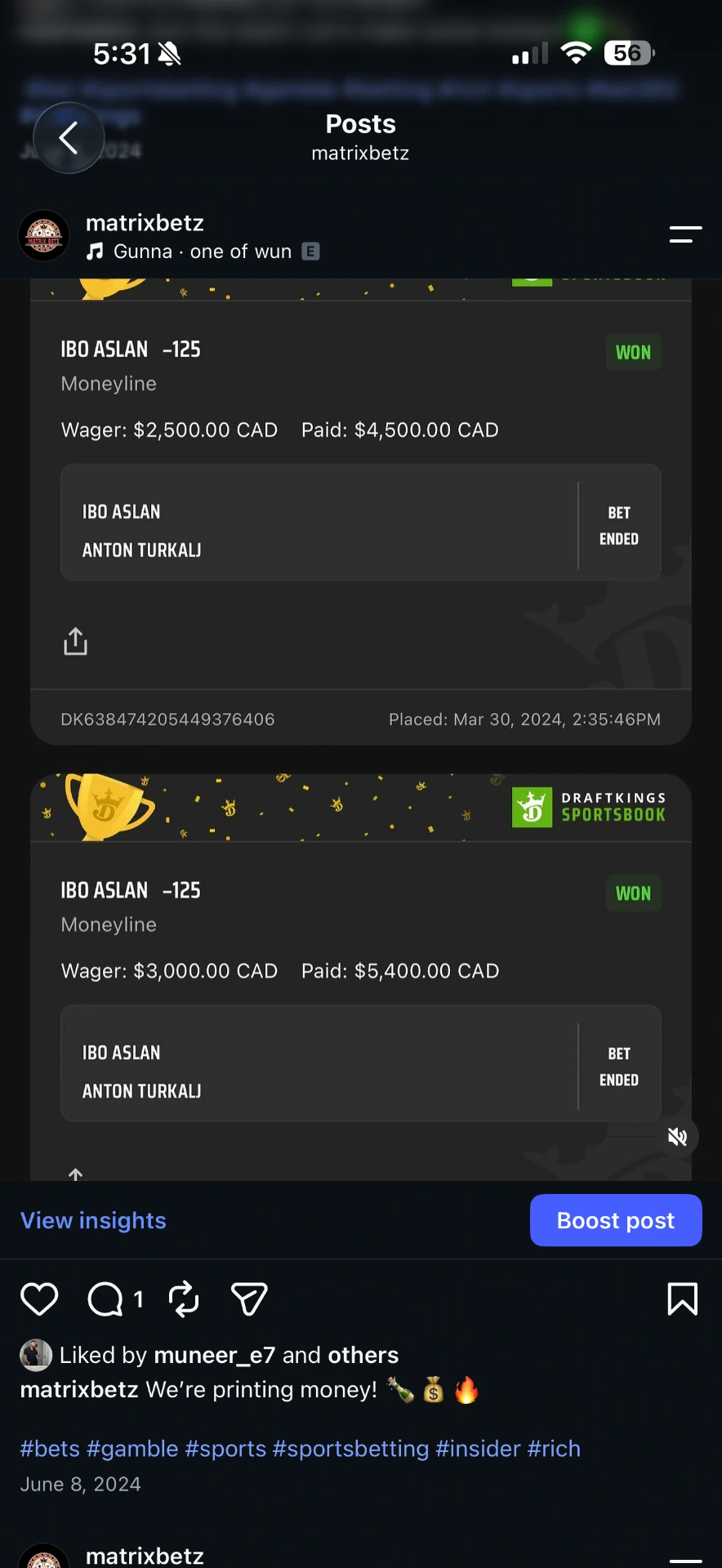 Moneyline tickets graded as wins.